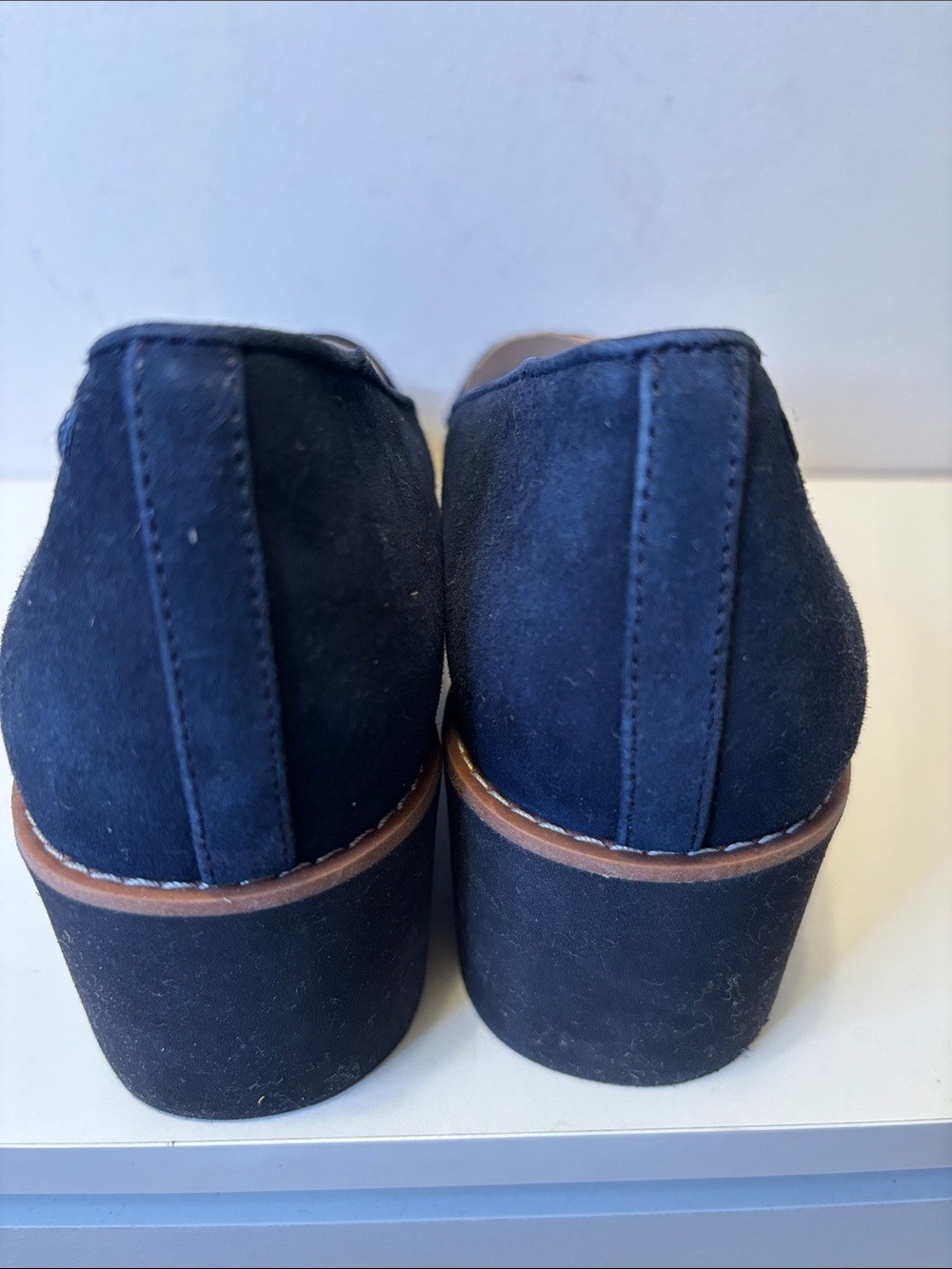 Vionic Navy Suede Wedge Loafers with Tan Trim 10 - Picture 5 of 8